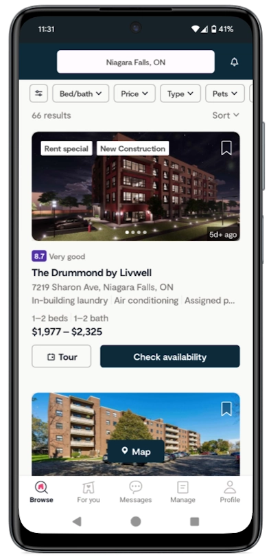 Phone displaying rental property listing.